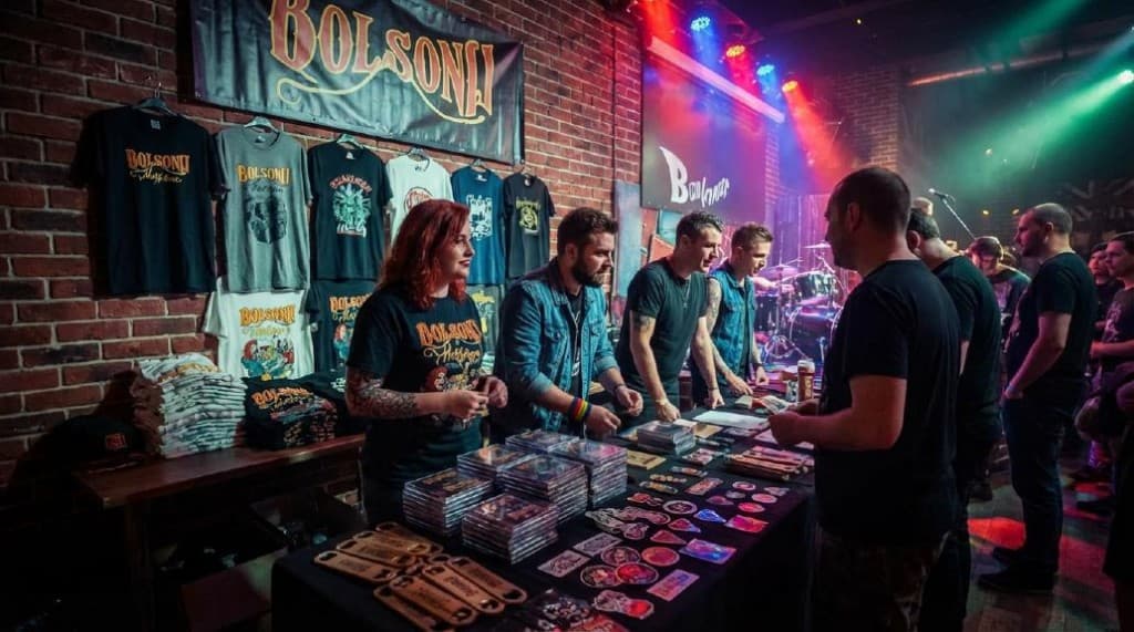 Merchandise table at a real live music venue during a show